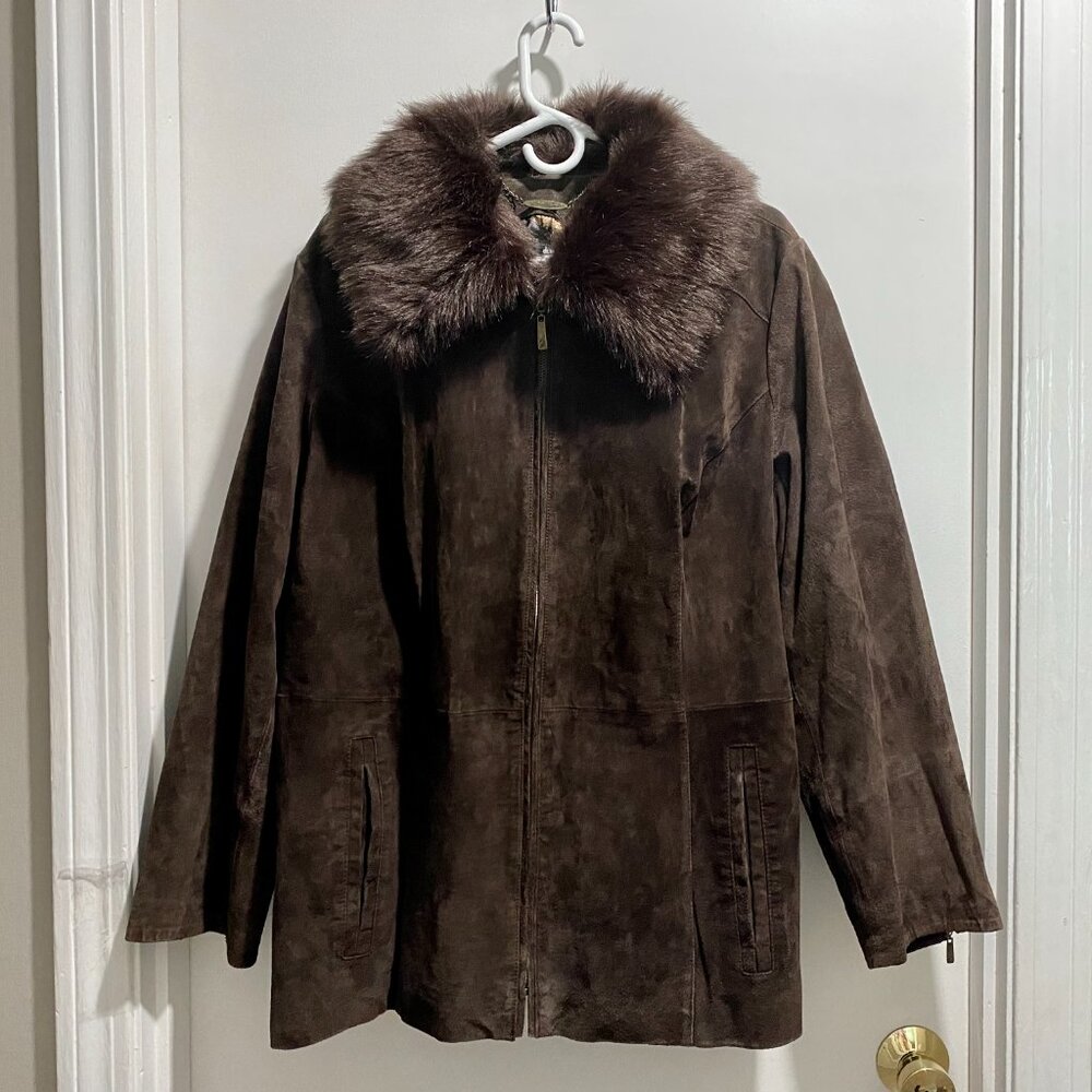 Dennis Basso Brown Faux Fur Suede Leather Classic 90s Luxury Blazer Jacket 2XL